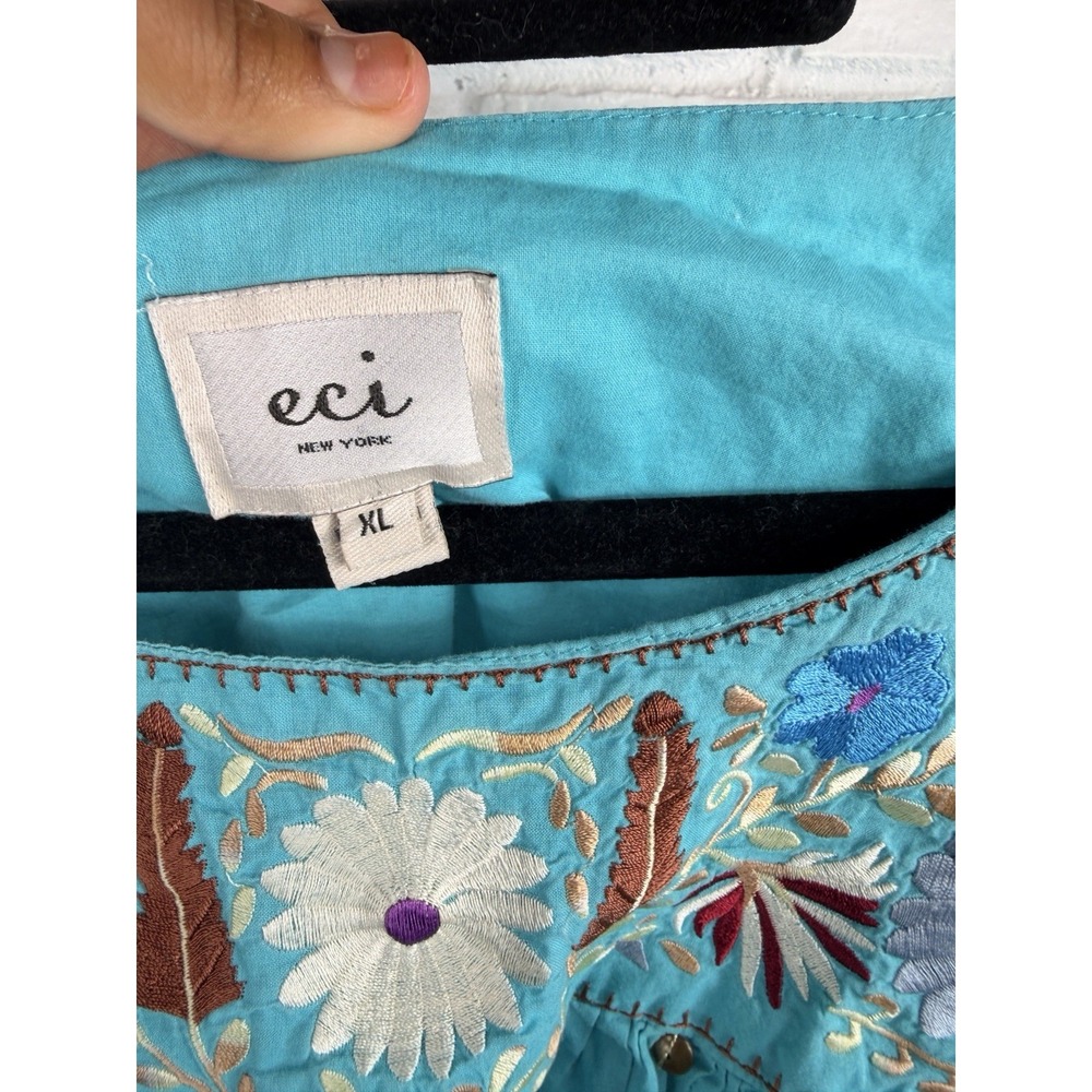 ECI New York XL Embroidered Boho Peasant Blouse Turquoise Floral Cotton - Picture 2 of 6